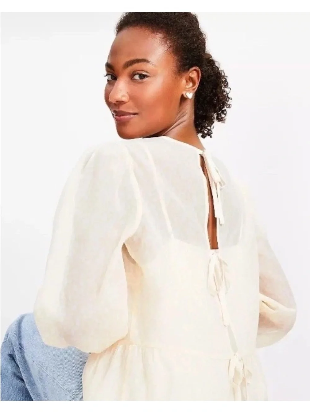 Ann Taylor LOFT Women’s S Feather Print Tie Back Peplum Blouse In Ecru Cloud $70